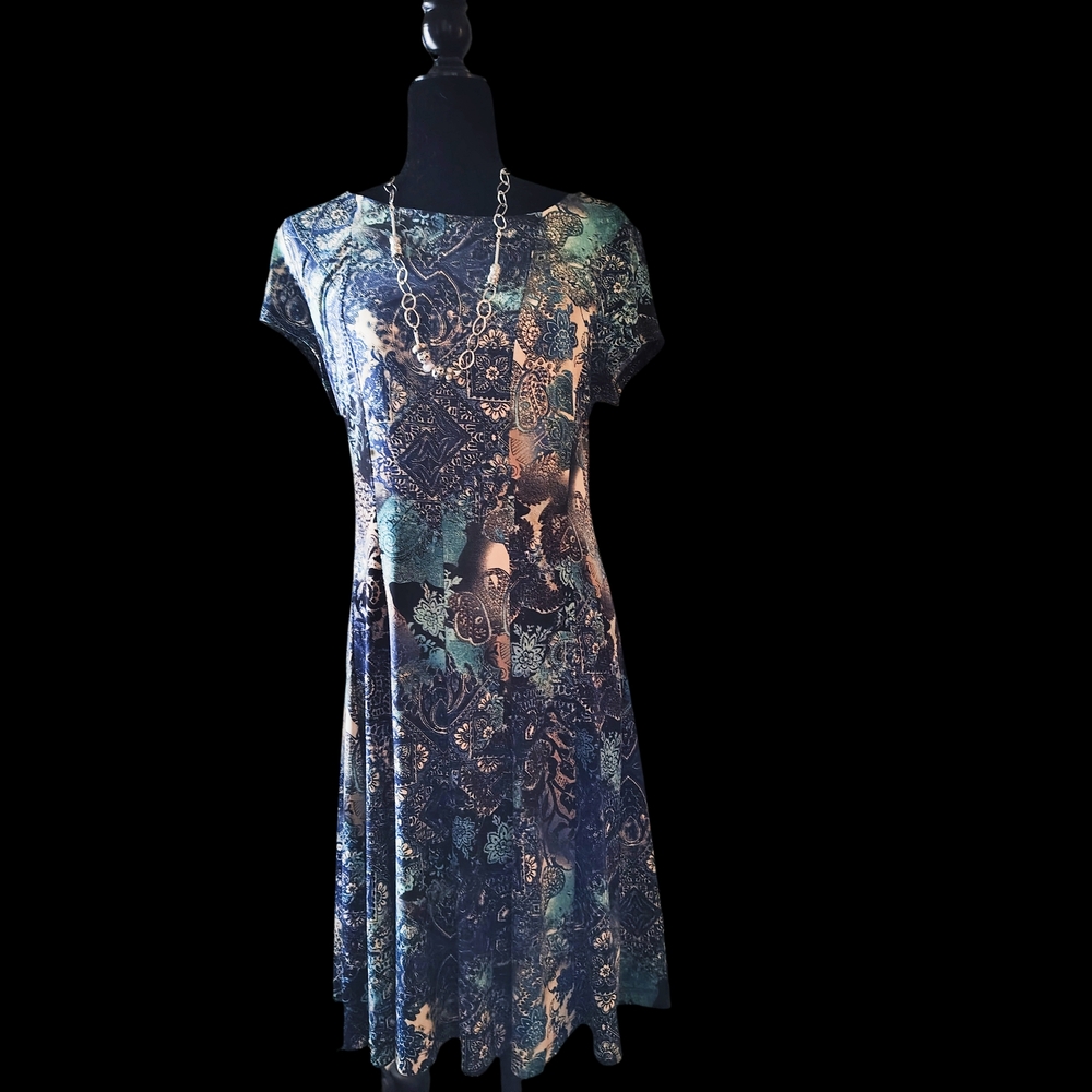 Connected Apparel Blue and Cream And Purple Midi Dress.